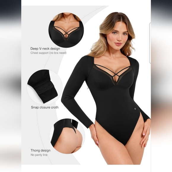 Popilush Black Longsleeve Deep V Shapewear Tummy Control Criss Cross Bodysuit XL - Picture 3 of 10